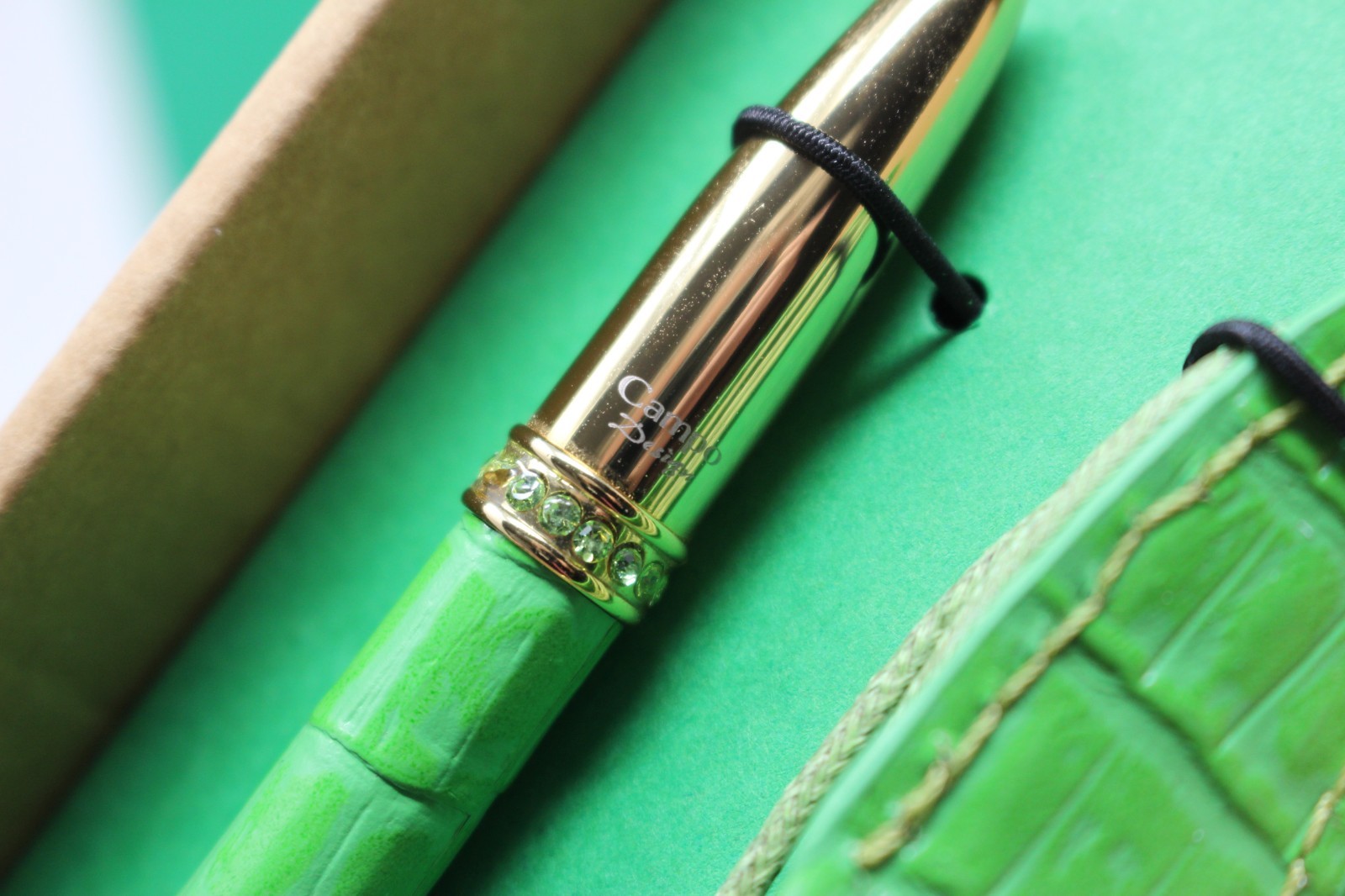 Campo Marzio Italy Ball Point Pen Necklace GREEN Mini Crystals Leather Pouch NEW