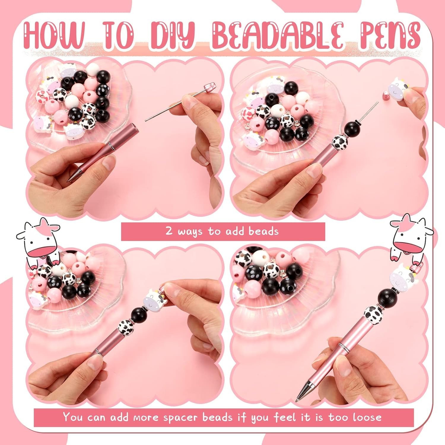 12 Lightweight DIY Bead Pens in Cow Print – Fun Gift for Creative Minds