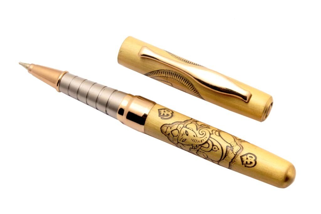 SET OF 5 Lord Ganesh & Om Engraved On Brushed Gold Body Mini Size Ballpoint Pen