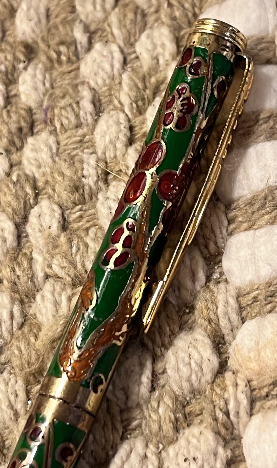 Vintage Cloisonné Enamel Ballpoint Pen Brass Tone Floral Multicolor Decorative