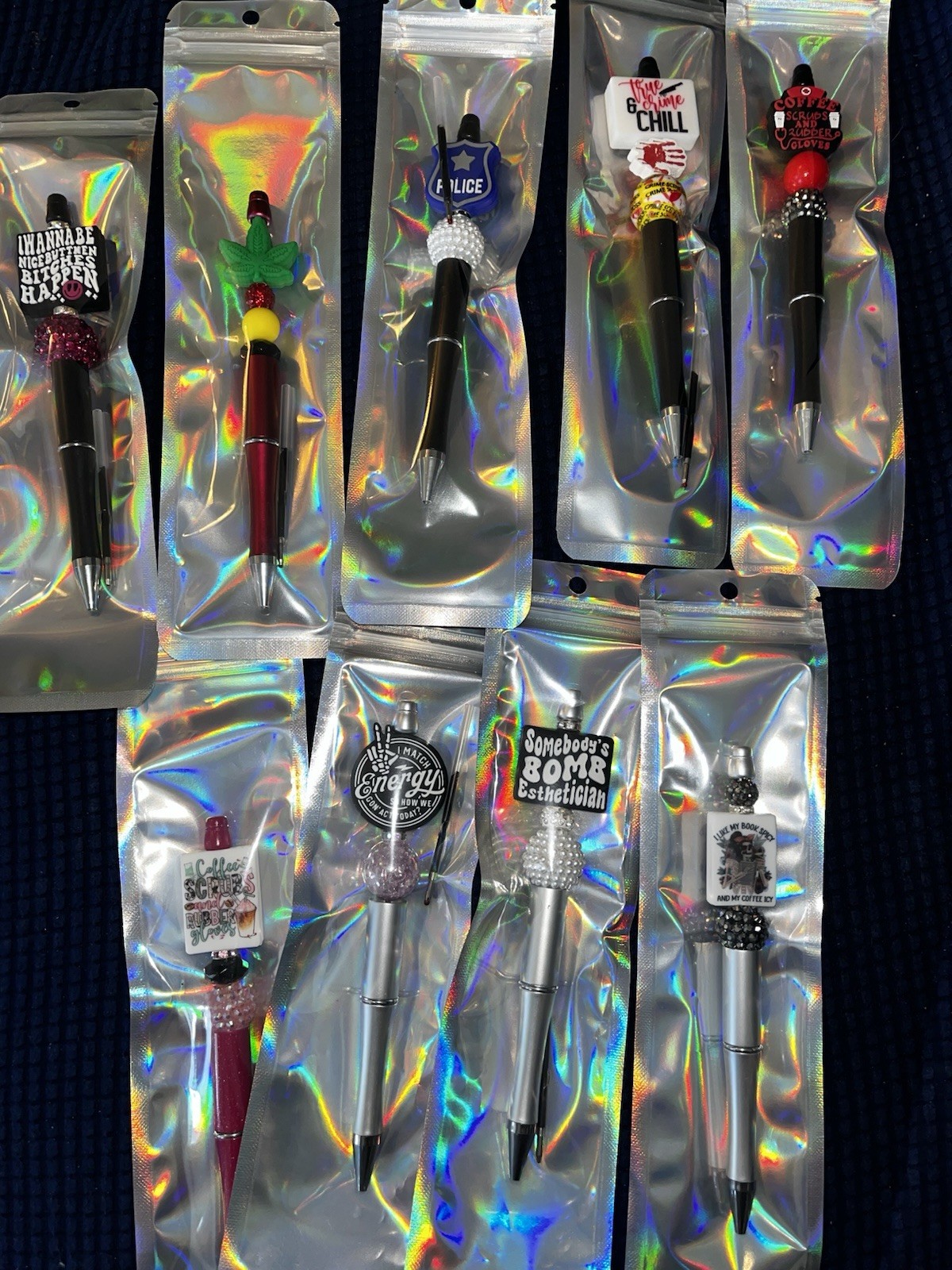 23 – Novelty Plastic Ballpoint Pens Lot w/ Beaded Decorative Toppers, Black Ink