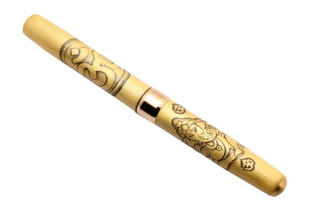 SET OF 5 Lord Ganesh & Om Engraved On Brushed Gold Body Mini Size Ballpoint Pen