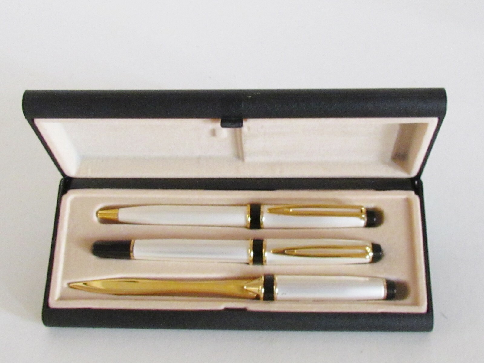Unisex Pen/Letter Opener White Metallic Gold Tone/Black Detail in Box