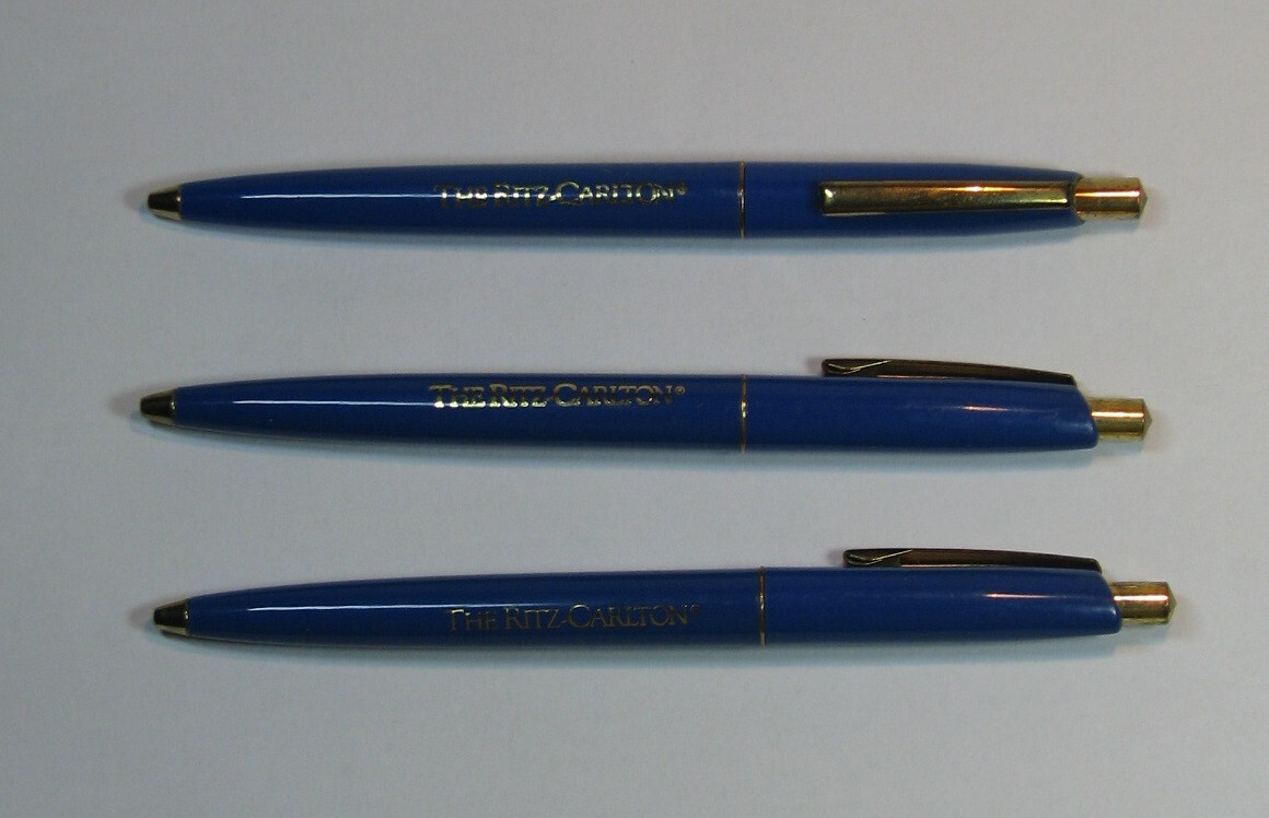 3 Vintage RITZ CARLTON BLUE BALLPOINT PEN GOLD TRIM 1990s