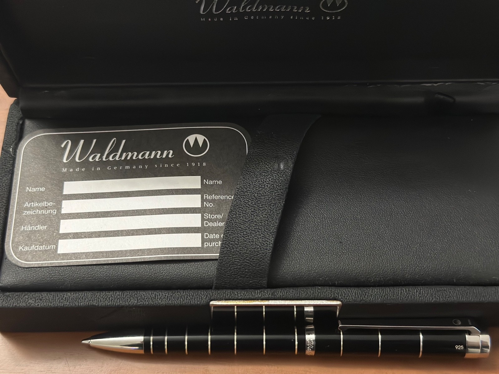Waldmann 925 Sterling Silver Ballpoint Pen – Black Lacquer with Silver Spiral Ri