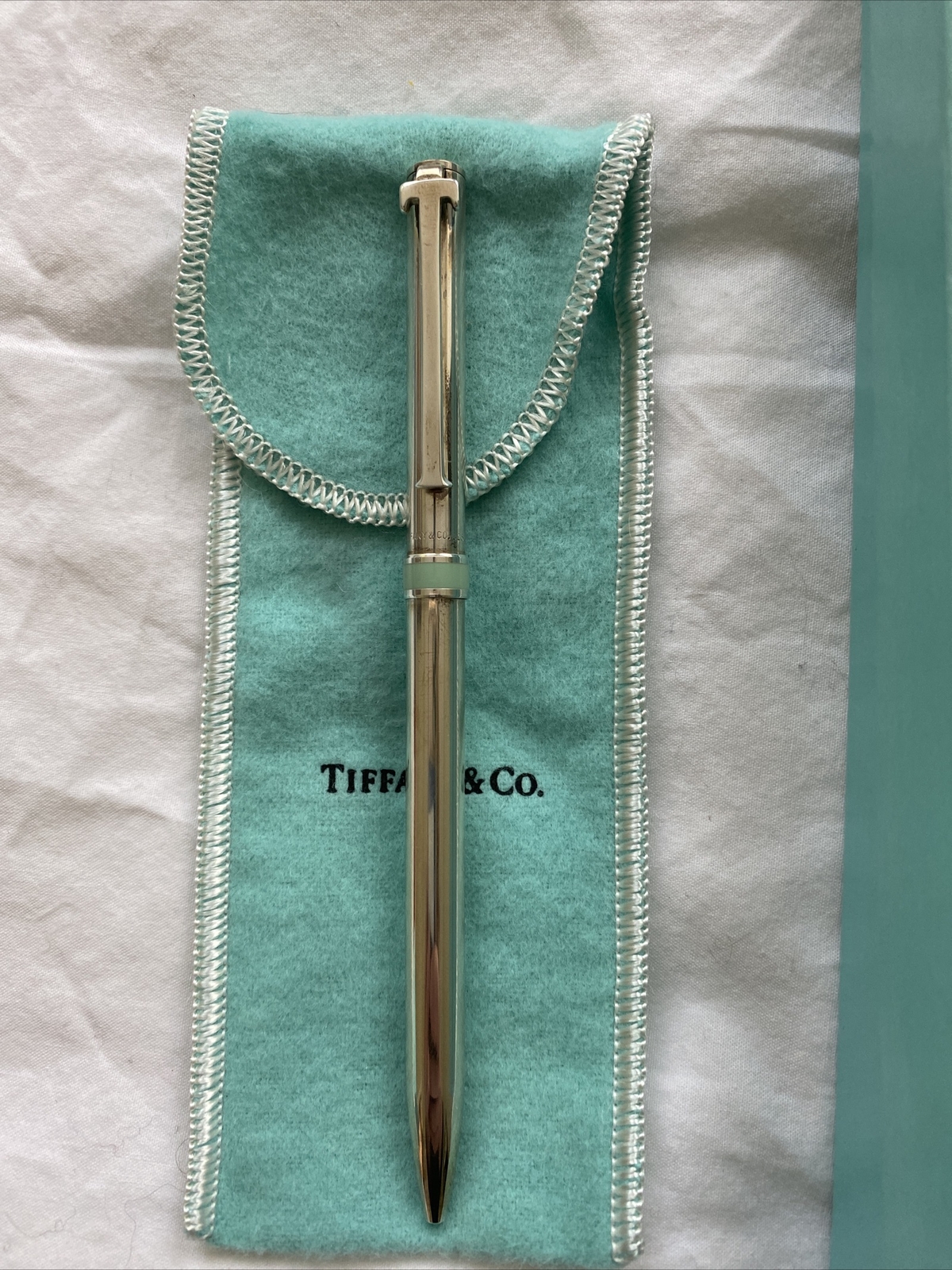 Tiffany & Co. Sterling Silver T-Clip Ballpoint Pen with Blue Enamel Detail. DS