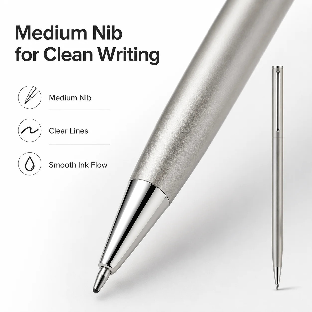 5 Pack Silver Stainless Steel Ballpoint Pen 1mm Medium Point Smooth Twist Ink