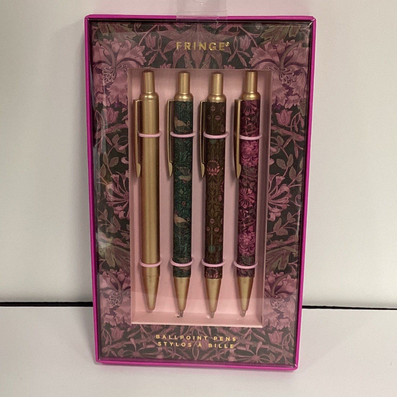 FRINGE NIB 4 Ballpoint Pen Set Colorful Floral Birds Solid Gold Tone