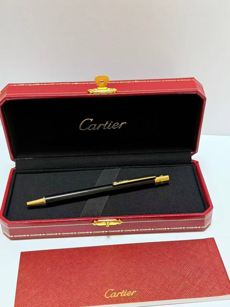 Luxury Santos De Cartier Black Gold Trim Ballpoint Pen – Full Box New Rare