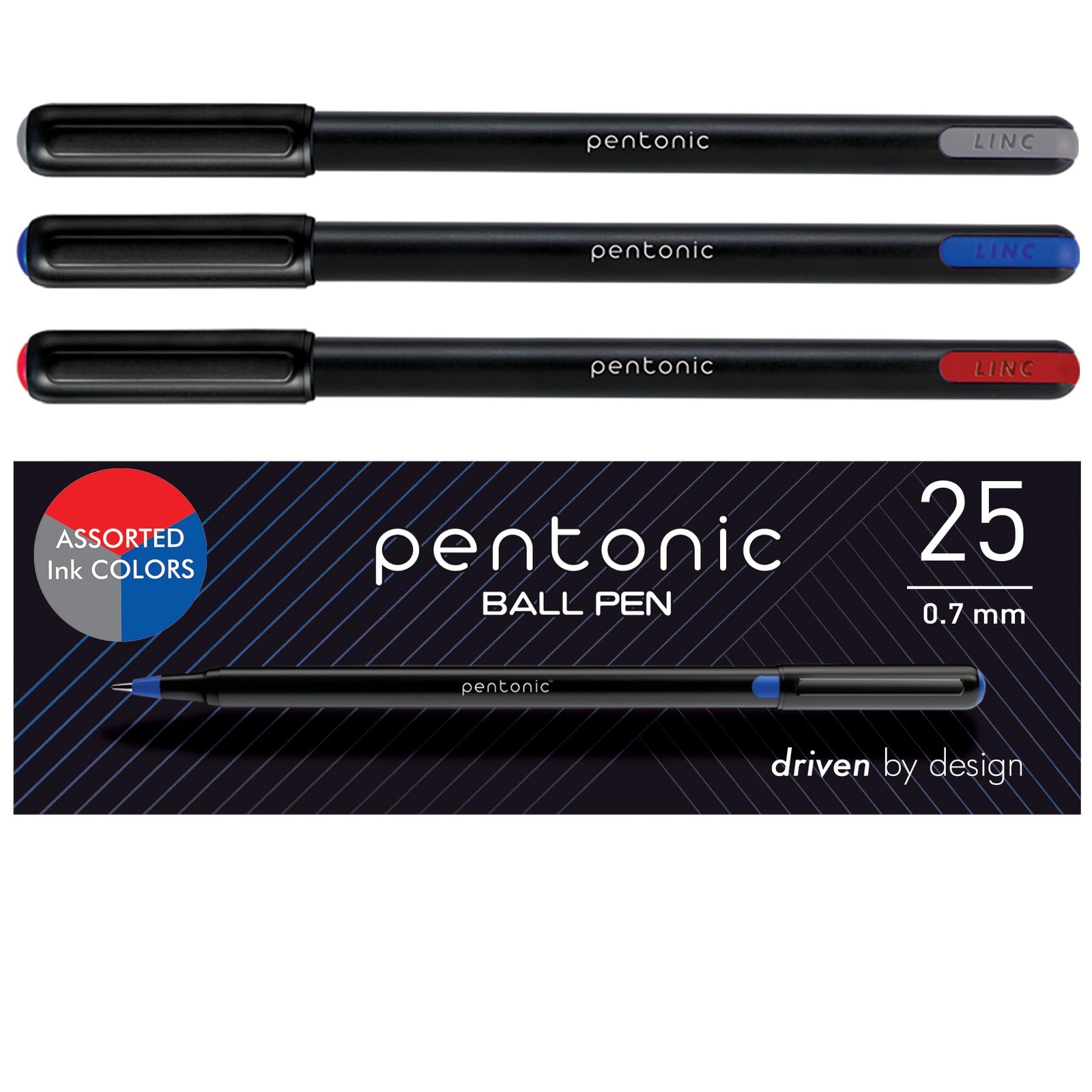 Pentonic 25 Count Ballpoint Pens Set Black Blue Red 0.7mm Fine Point Ink