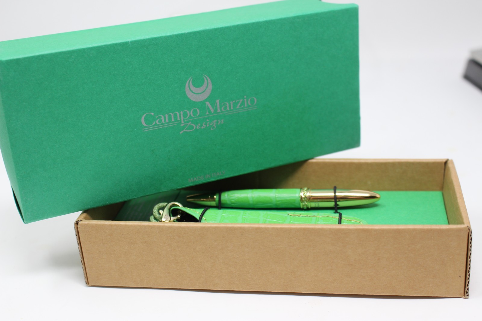 Campo Marzio Italy Ball Point Pen Necklace GREEN Mini Crystals Leather Pouch NEW
