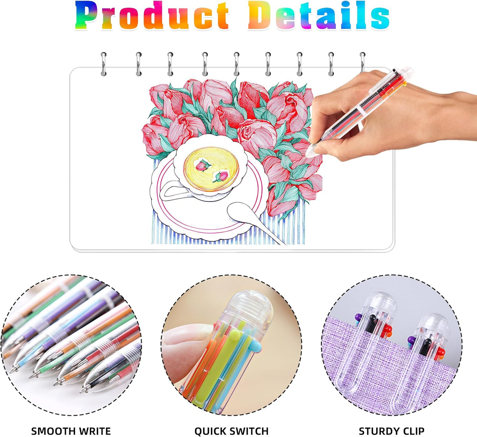 Ballpoint Pen Set 6 Pack Multicolor 0.5mm 6-in-1 Pens Writing and Drawing
