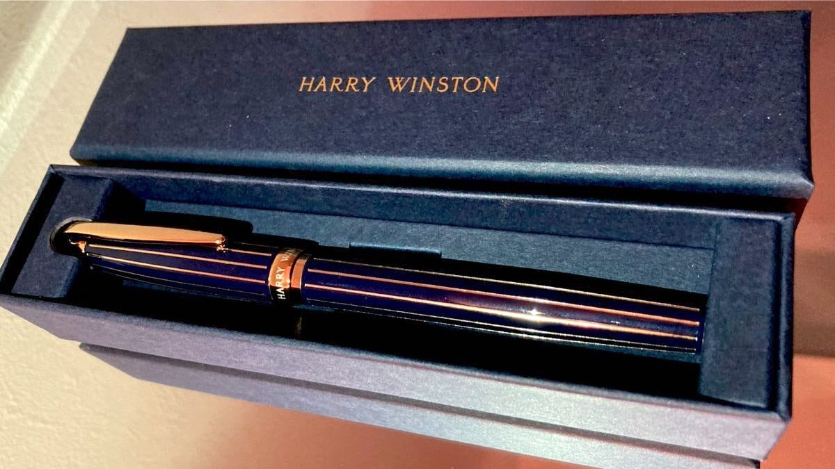 [N-MINT wz/Box&Refill] HARRY WINSTON Novelty Navy/Gold Stripe Rollerball Pen