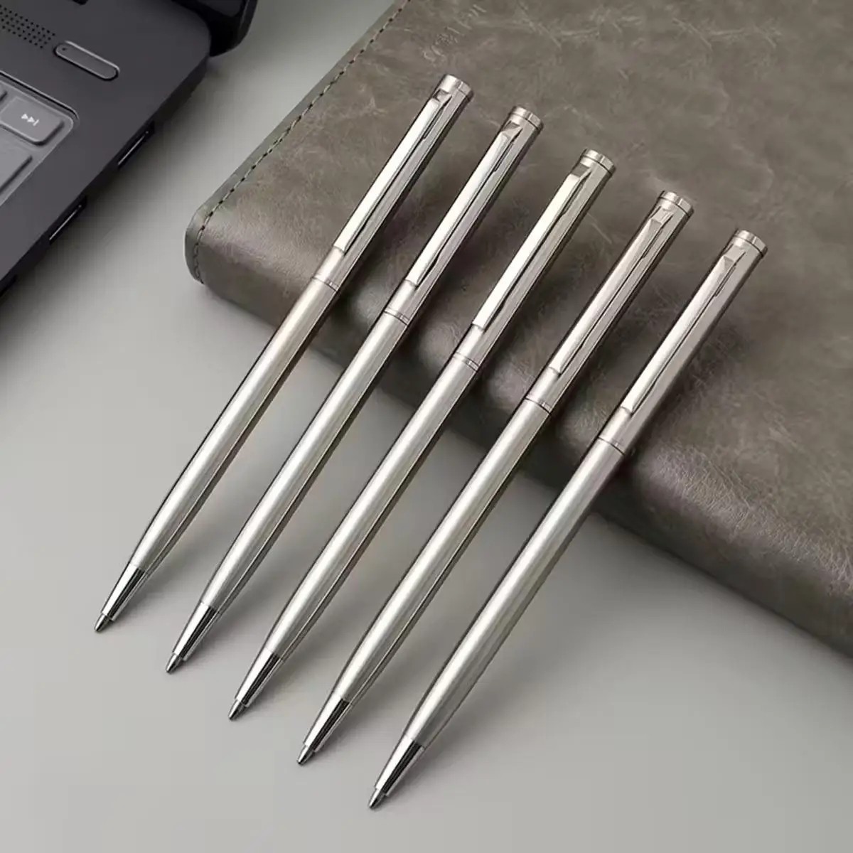 5 Pack Silver Stainless Steel Ballpoint Pen 1mm Medium Point Smooth Twist Ink
