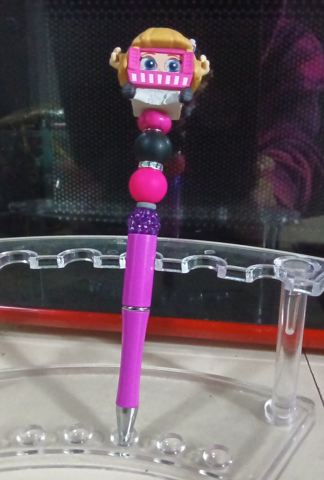 Novelty Plastic Ballpoint Pen w/ Doll/Character Topper, Blue Ink, Pink Purple