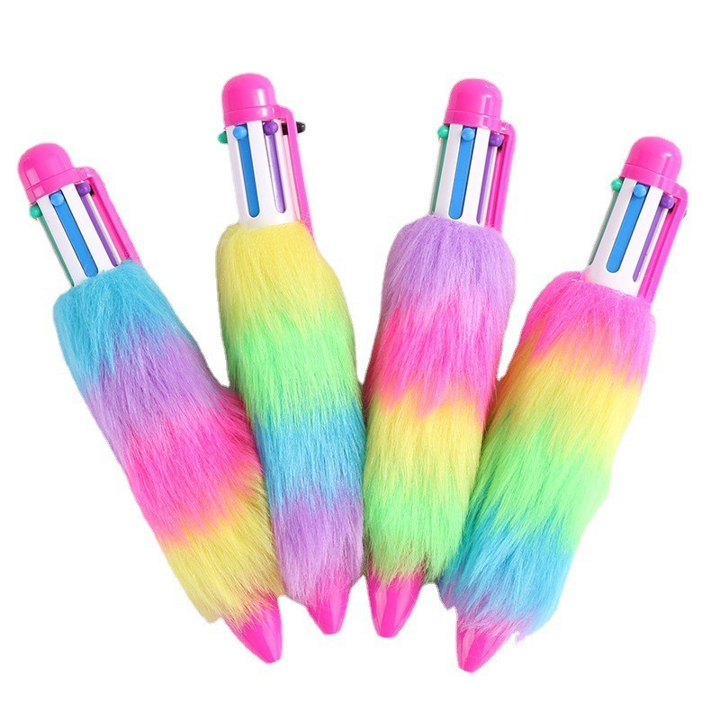 Rainbow Plush Ballpoint Pens (4 pieces) – Colorful six-color retractable pens