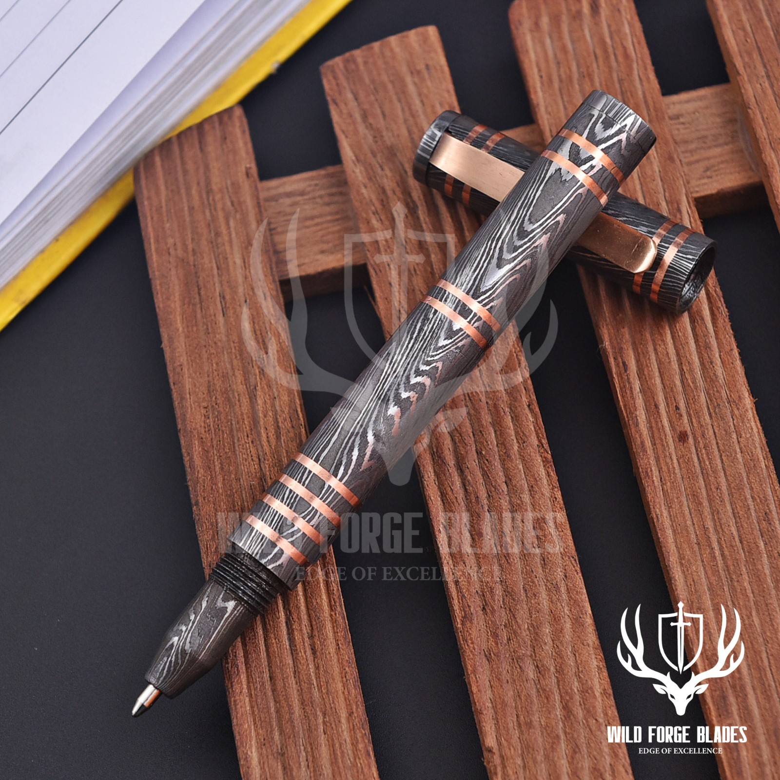 Damascus Steel Ballpoint Pen Handmade Blue Ink Copper Spacers 5.5in Gift Premium