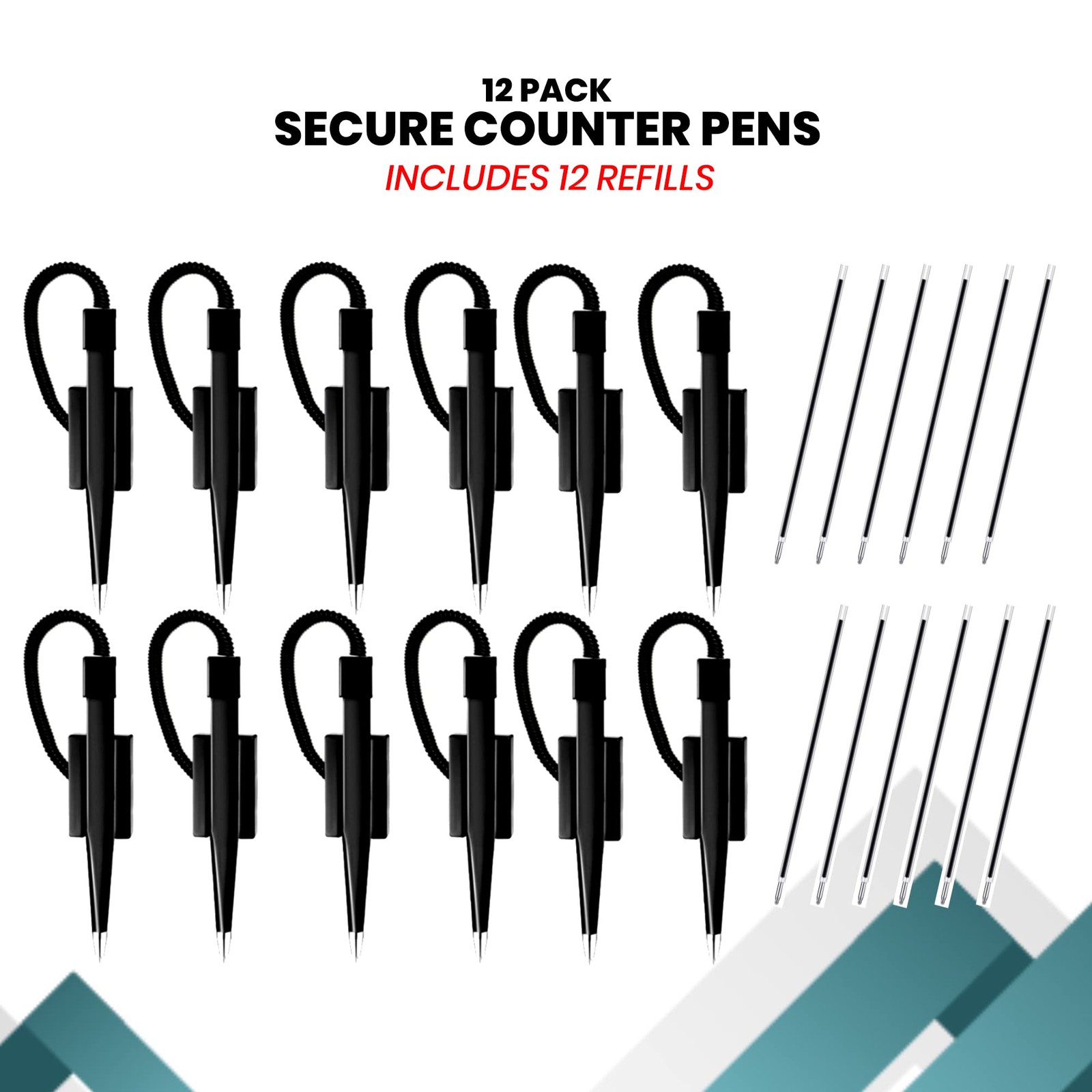 Performore 12 Pack of 5 inch Secure Counter Pens, Black with Plastic Secure Cord