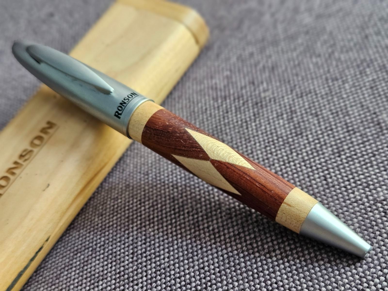 Ronson Ballpoint Pen w/ Original Wooden Case Wood Inlay Executive Writing Pen