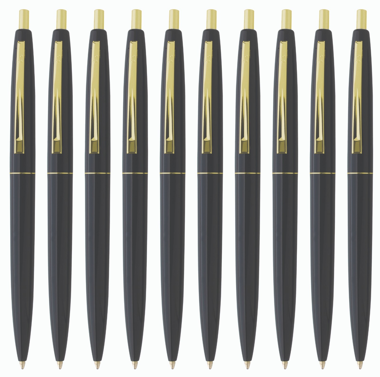 Profile of classic BIC® Clic® Pen. Black body/Polished gold-plated trim. 10 pens