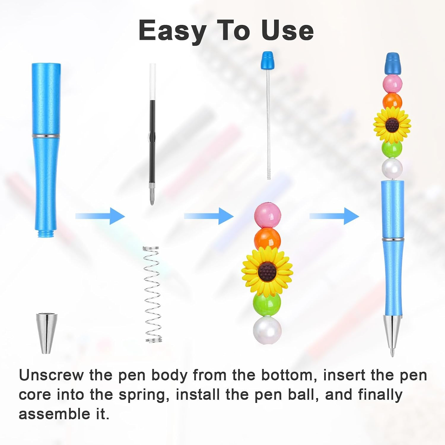 20 Pcs Blue Beadable Pens Bulk, Plastic Beaded Pen with 40Pcs Black Ink