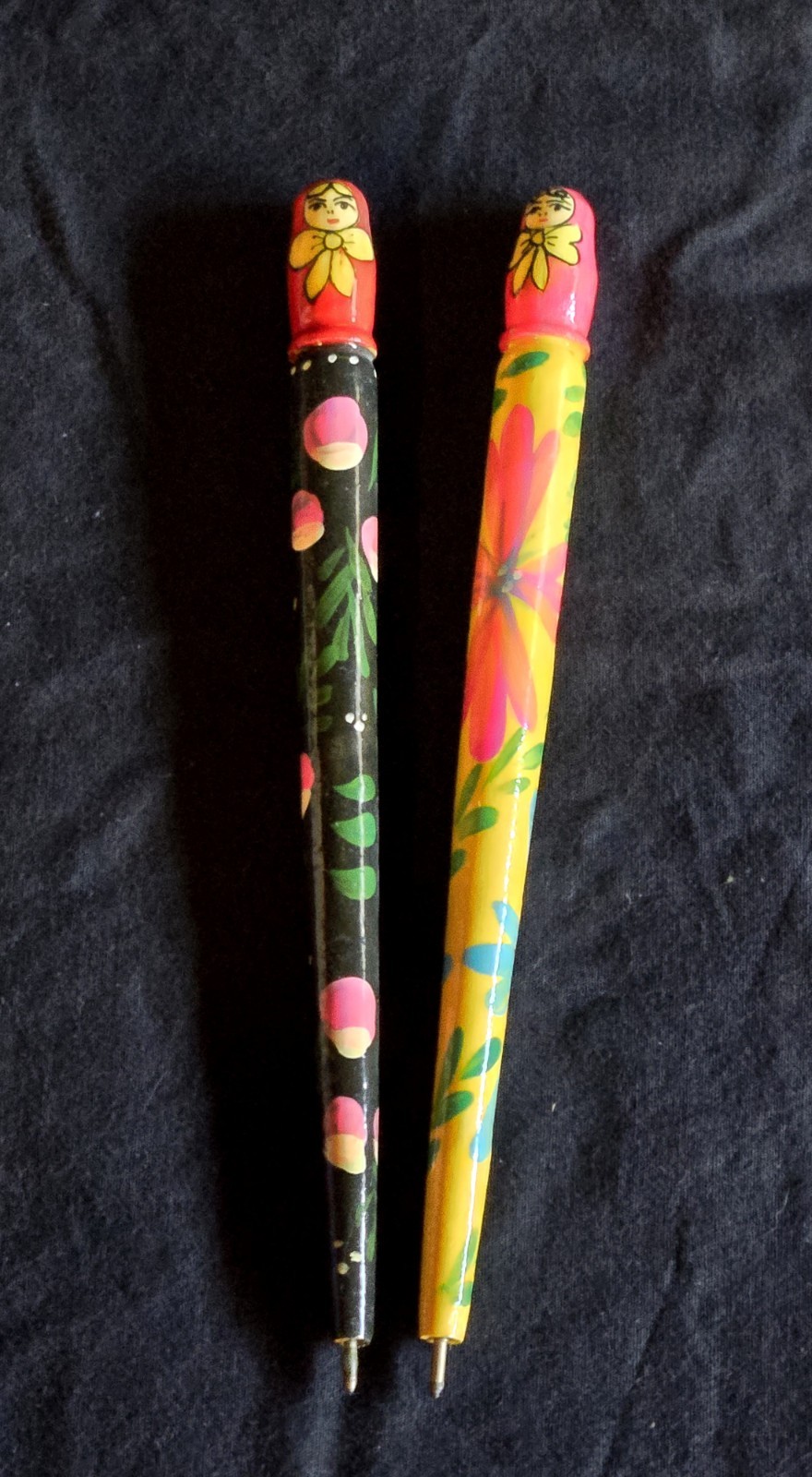 Vintage Soviet wooden ballpoint pens,hand painted,matryoshka black/red, 80s USSR
