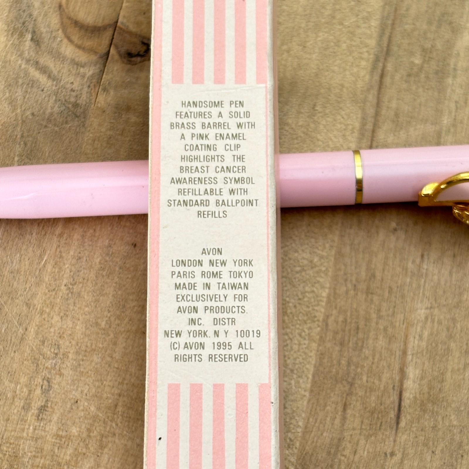 1995 Avon Pink Ribbon Pen, Enamel w Gold Tone Detail, Breast Cancer, Orig Box