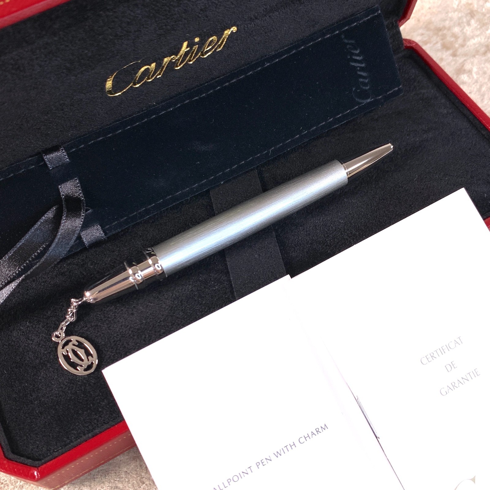 Cartier Mini Ballpoint Pen Charm Silver Lacquer Palladium Finish w/Case & Papers