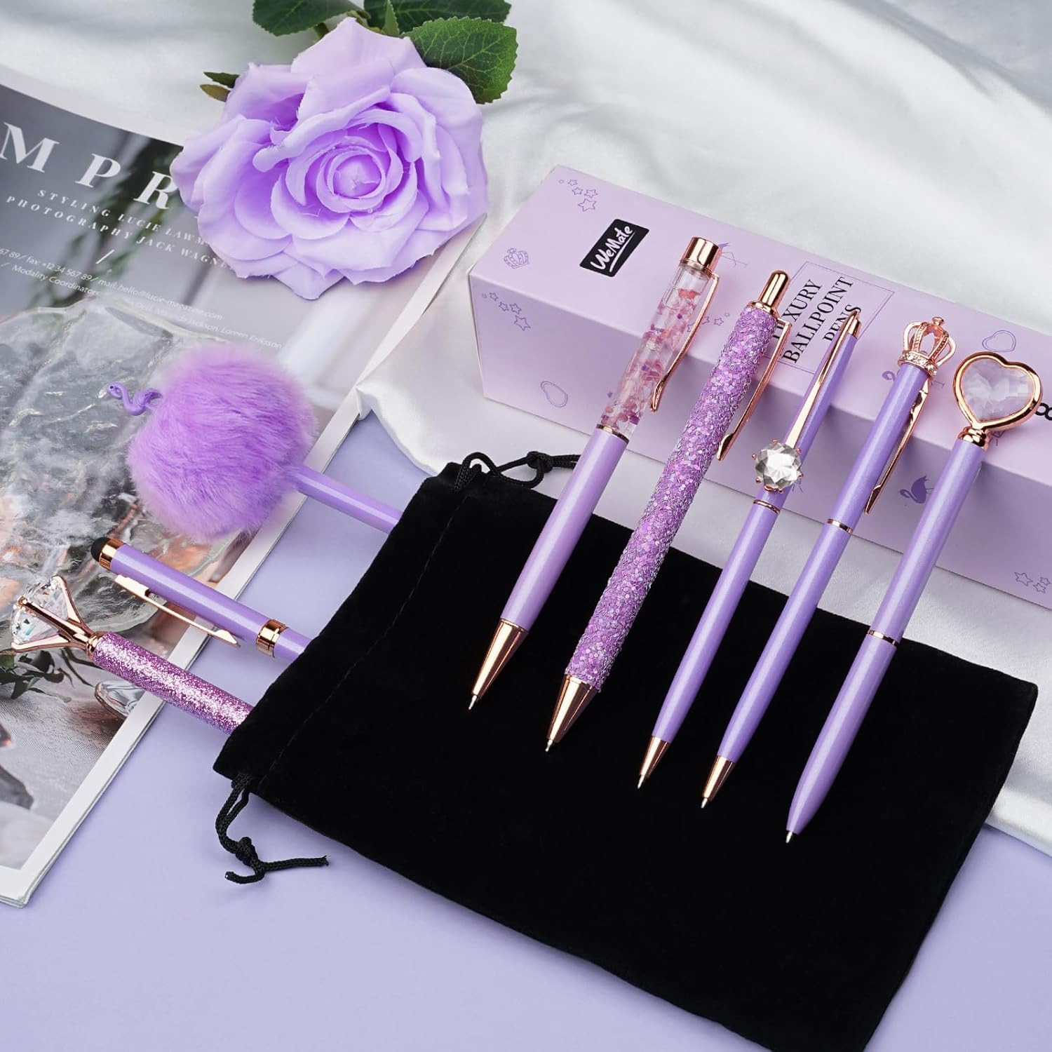 8Pcs Purple Pens, Metal Crystal Diamond Pen with Black & Blue Ink, Pens for Jour