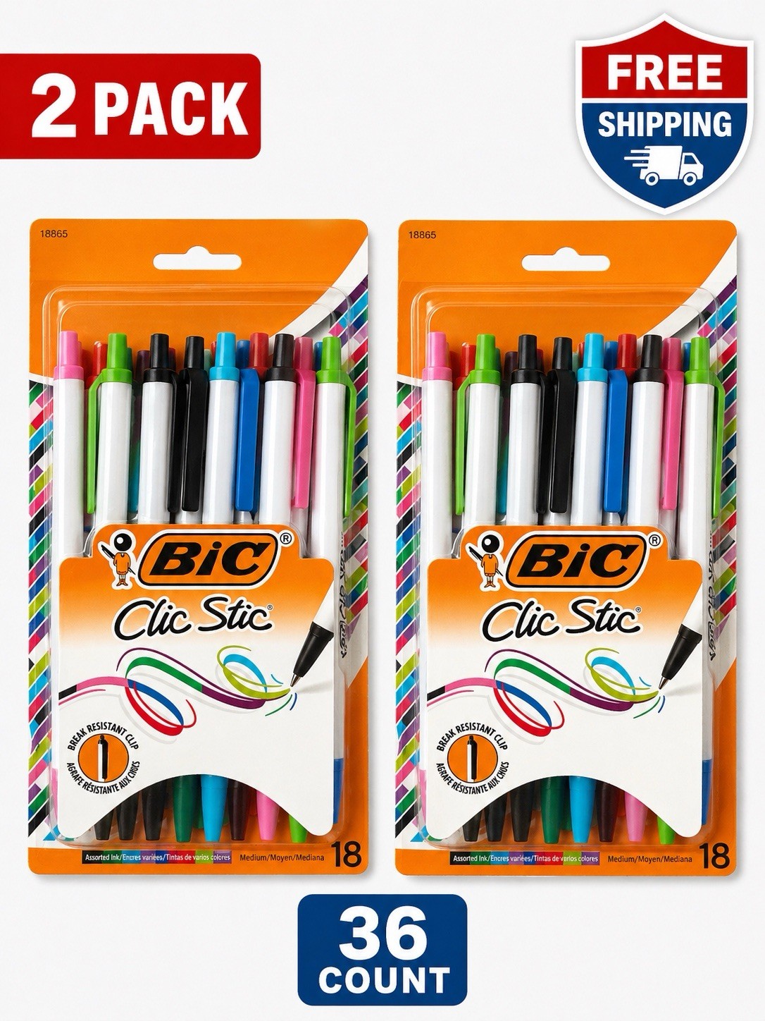 BIC Clic Stic Pens 36 Count Assorted Colors Medium 1.0mm Retractable