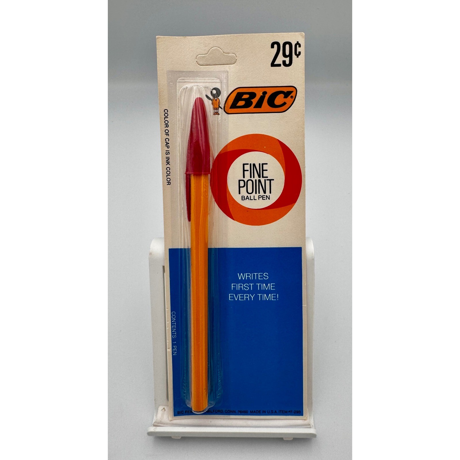 Vintage BIC Fine Point Ball Pen 29¢ F-25B Orange Barrel Maroon Cap Red Ink NOS