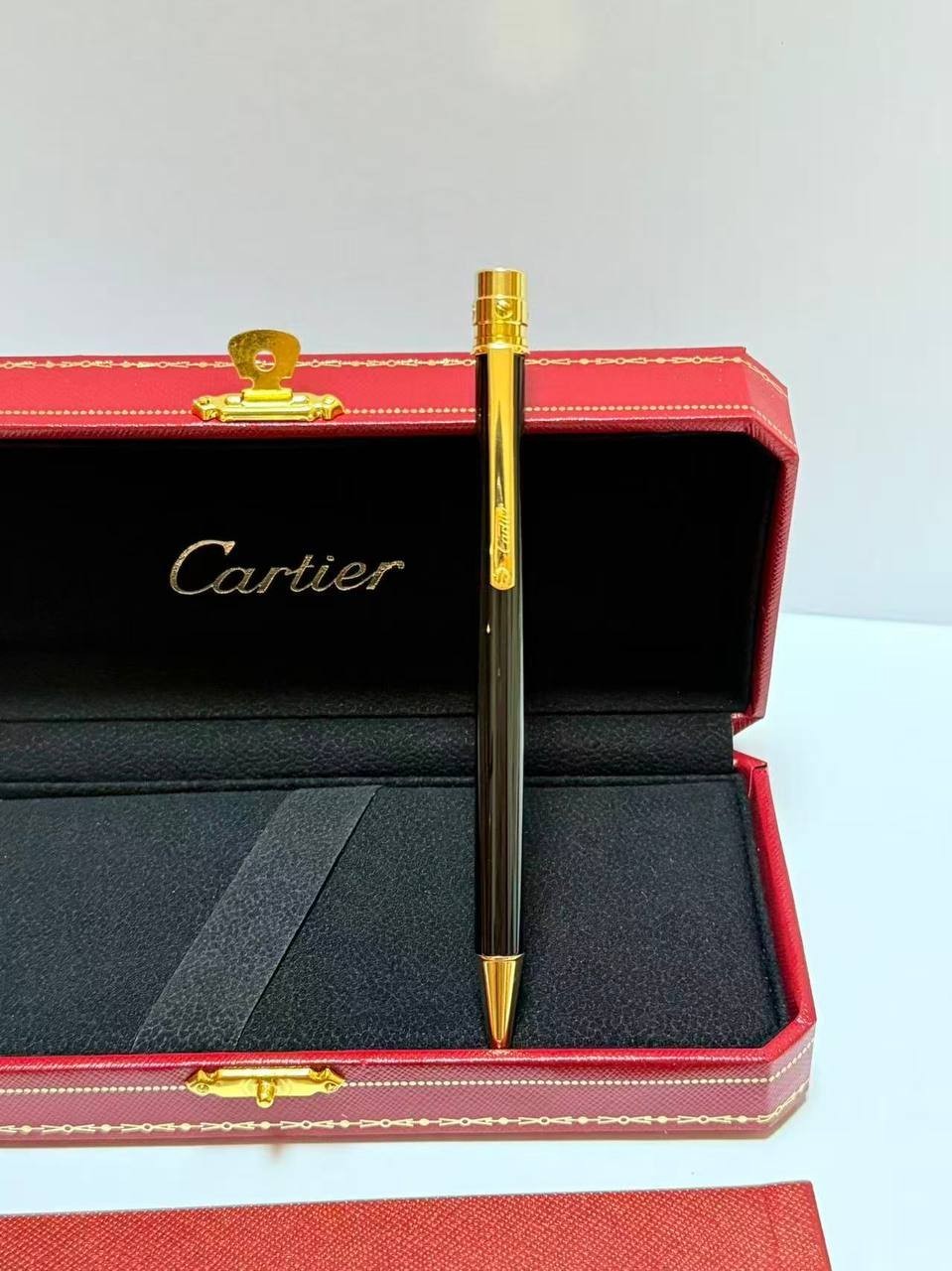 Luxury Santos De Cartier Black Gold Trim Ballpoint Pen – Full Box New Rare