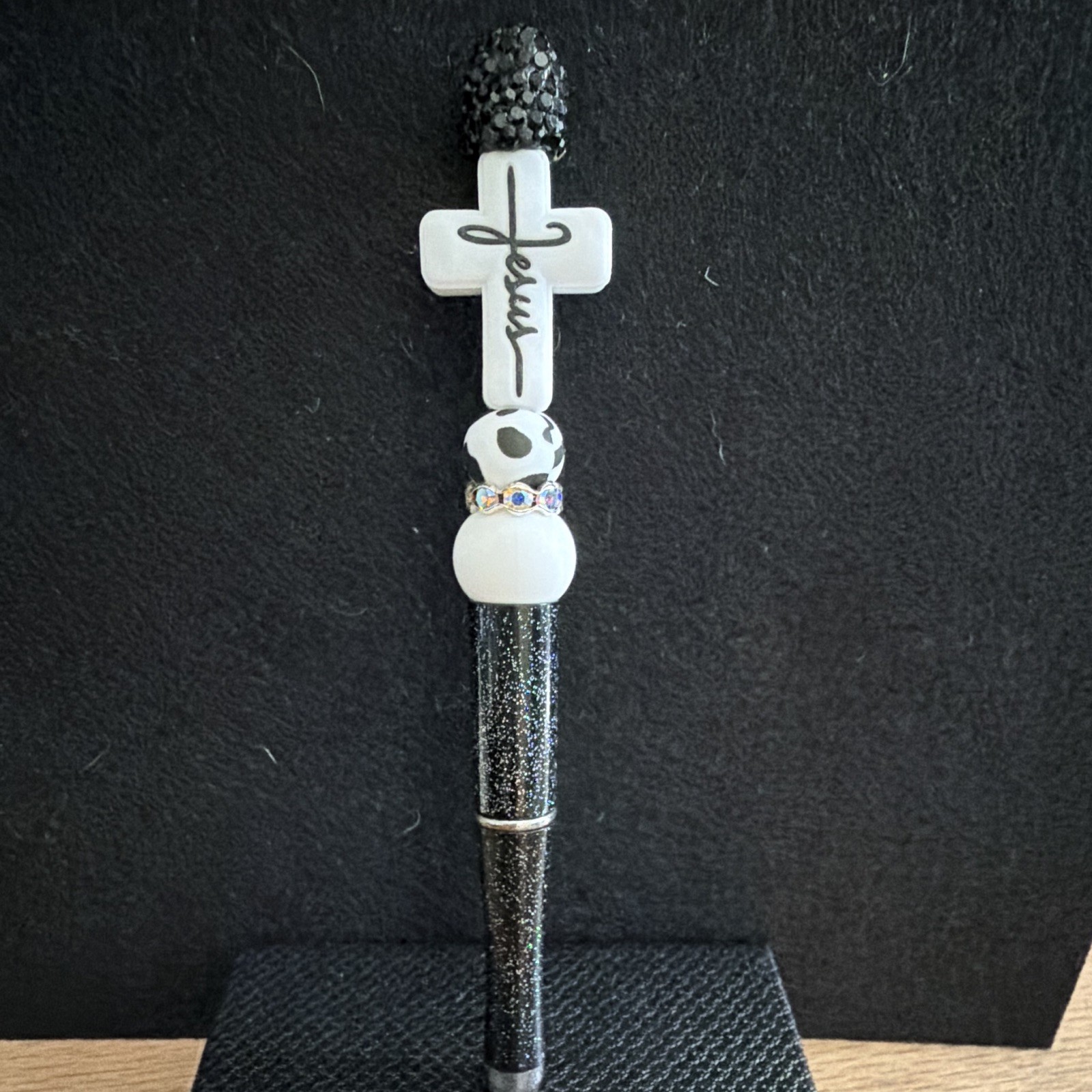 Black Plastic Glitter Ballpoint Pen w/ Beaded Cross Charm, Black Ink