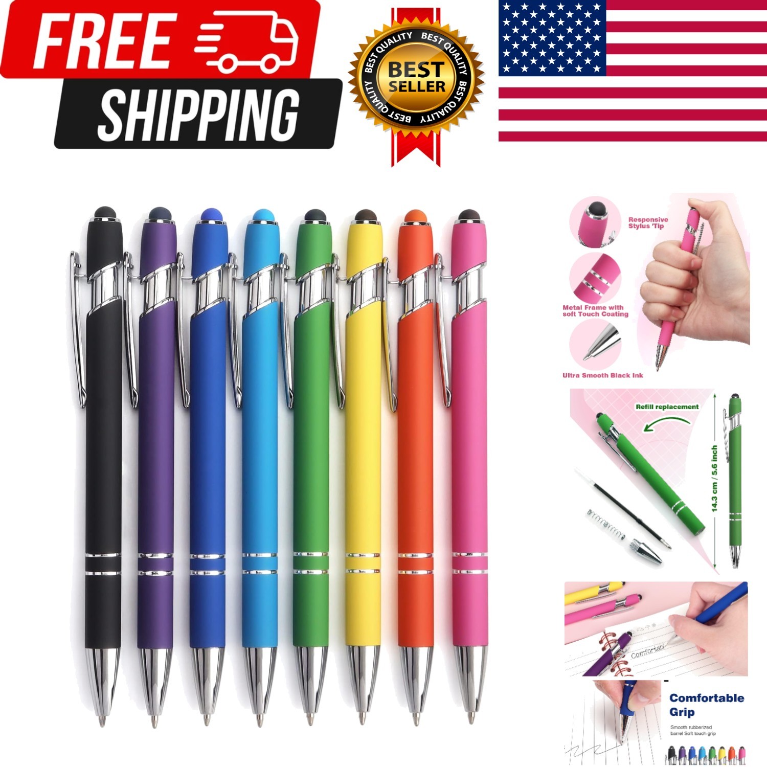 8 Pack Ballpoint Pen 2-in-1 Stylus Retractable Ballpoint Pen with Stylus Tip, Me