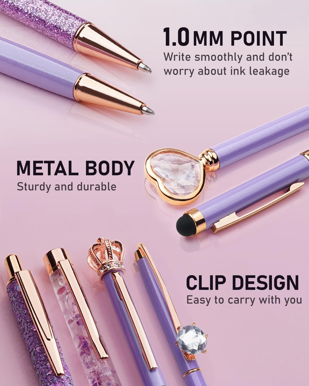8Pcs Purple Pens, Metal Crystal Diamond Pen with Black & Blue Ink, Pens for Jour