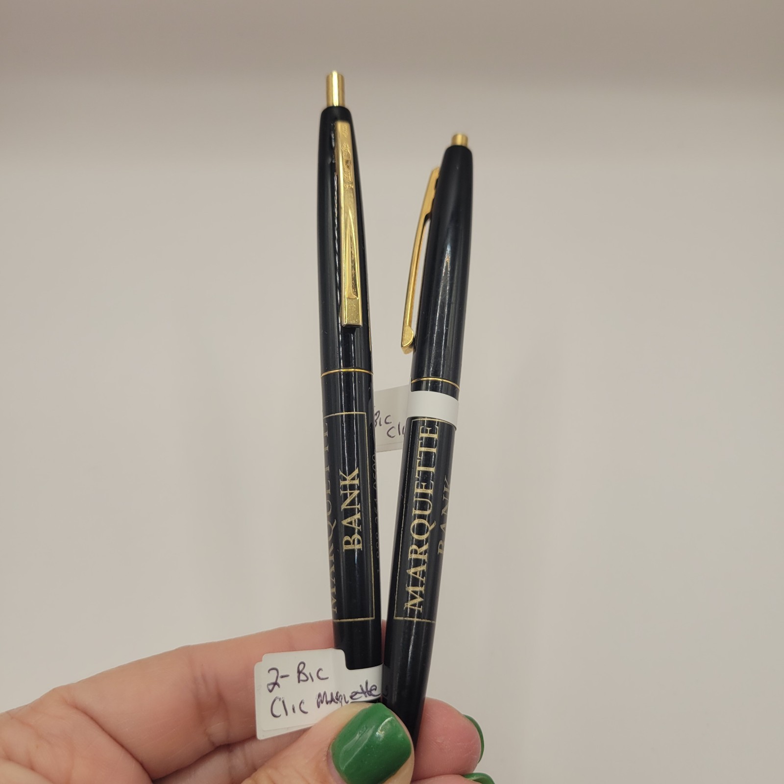 2 Vintage Bic Clic Pen Marquette Bank Advertising Black With Gold Trim Mexico