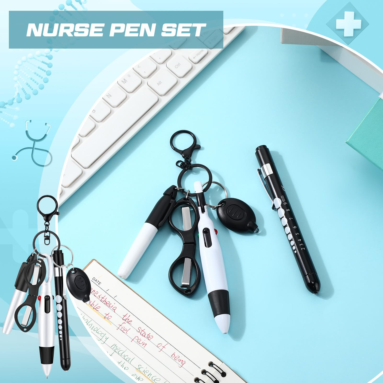 Nurse Pen Set with Marker Pen LED Light Scissors Keychain Clip and Flashlight