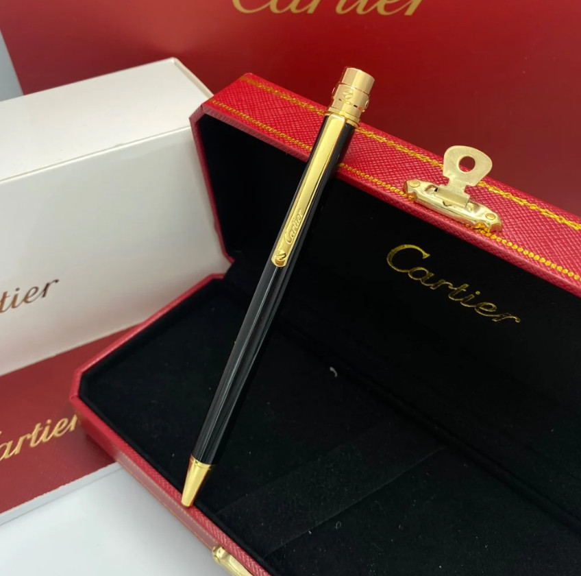 Luxury Santos De Cartier Black Gold Trim Ballpoint Pen – Full Box New Rare