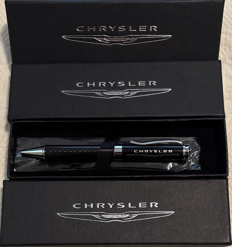 VTG Chrysler Automobile Branded Black Ballpoint Ink Pen In Black Chrysler Box