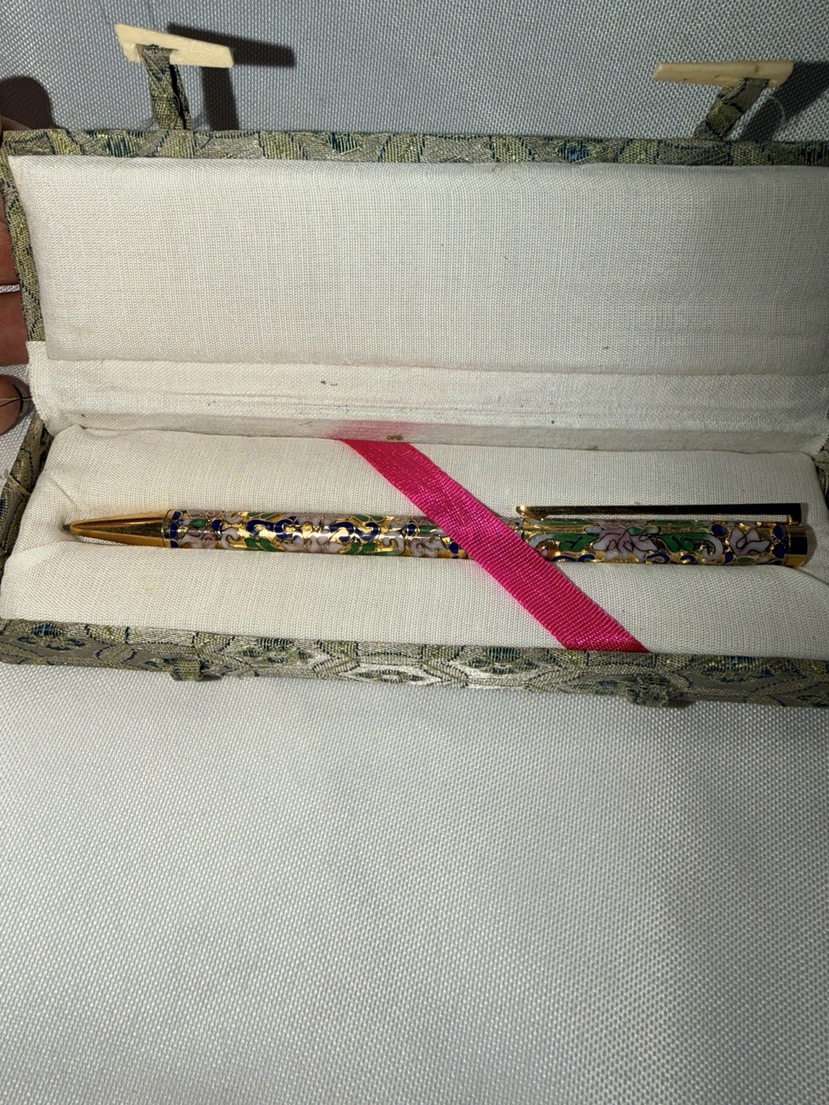 Vintage Chinese Cloisonne Ballpoint Pen Floral Enamel With Original Box