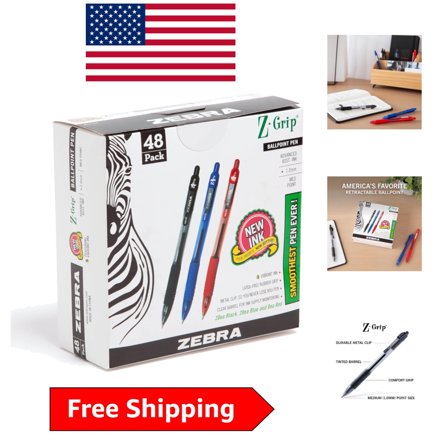 Ergonomic Z-Grip Ballpoint Pen Set – Assorted 1.0mm Smooth Writing 48-Pack