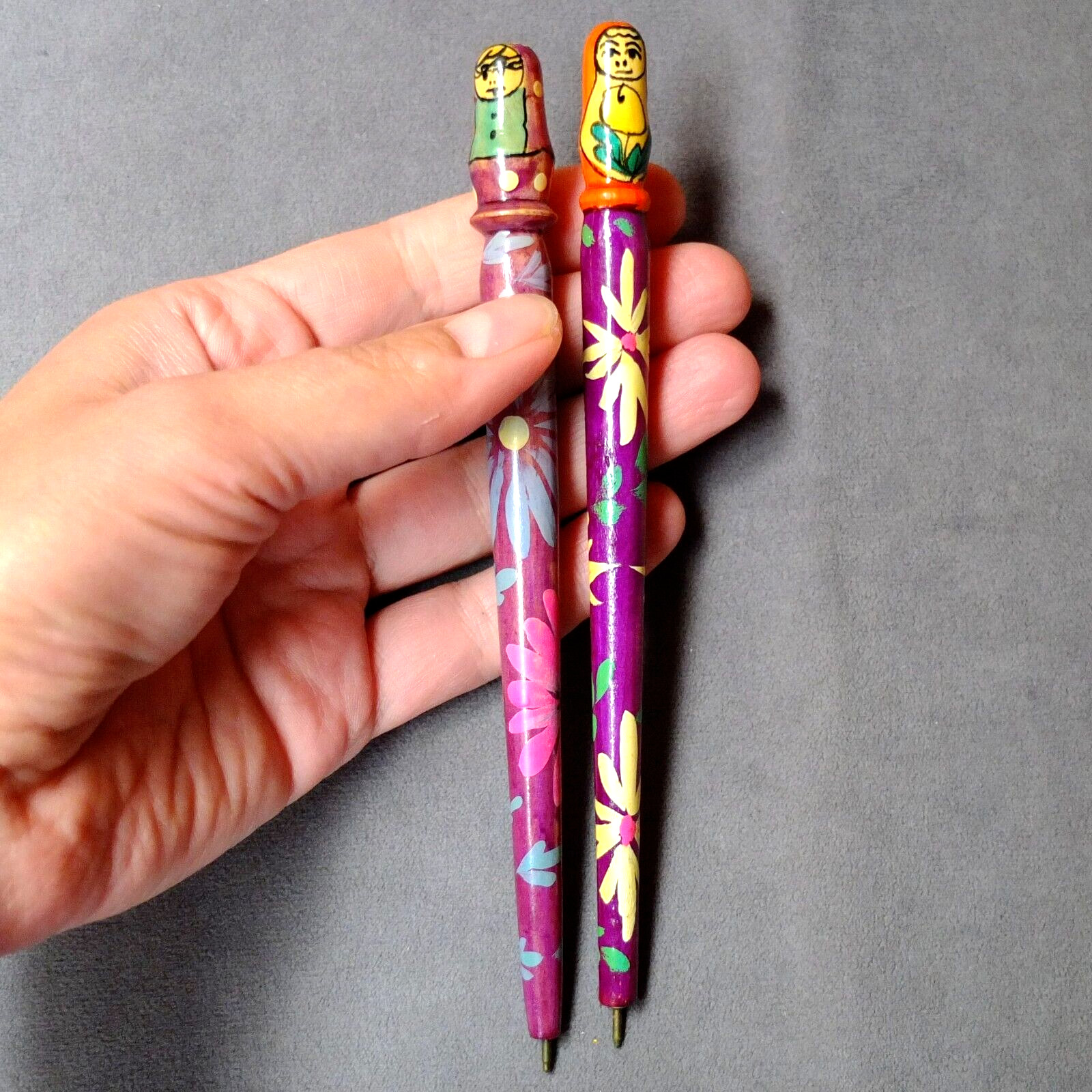 Vintage Soviet wooden ballpoint pens, hand painted, matryoshka dolls, 80s USSR