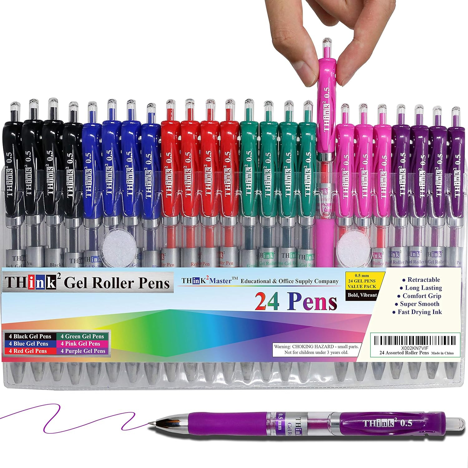 [24 Pens – 4Black, 4Blue, 4 Red, 4 Green, 4 Pink, 4Purple Ink] Think2 Retractab