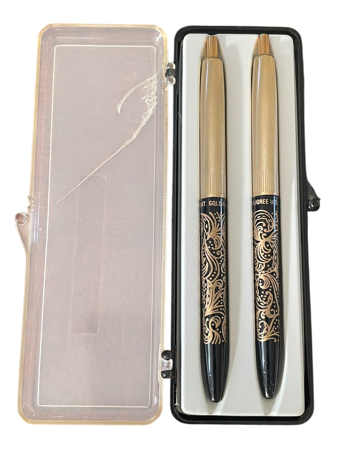Vintage 14k Gold Filigree Ballpoint Black/Gold Pen Box Set Of 2, Dried up