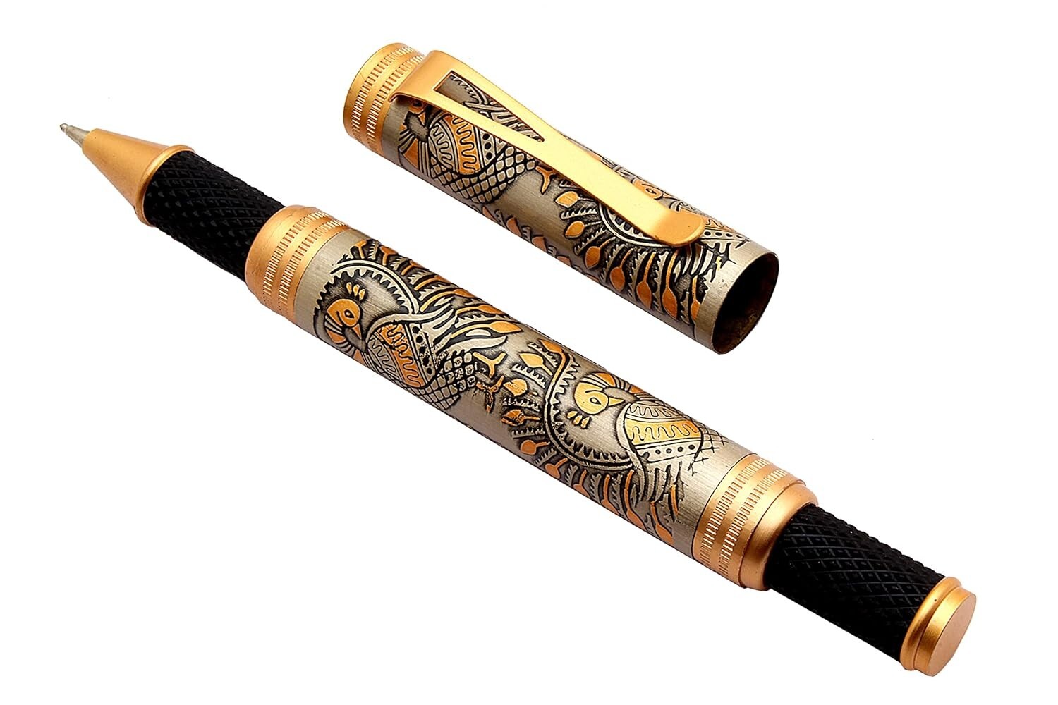 SET OF 5 Peacock Design Engraved On Antique Look Metal Body Ballpoint Pens