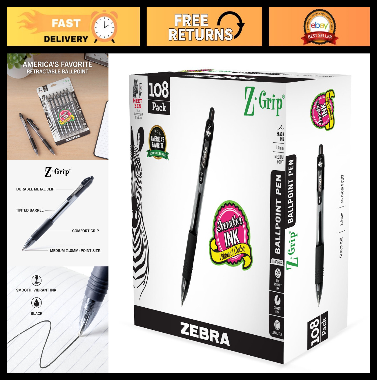 Smooth Writing Retractable Ballpoint Pens, Black Ink, 1.0mm, 108 Bulk-Pack for S