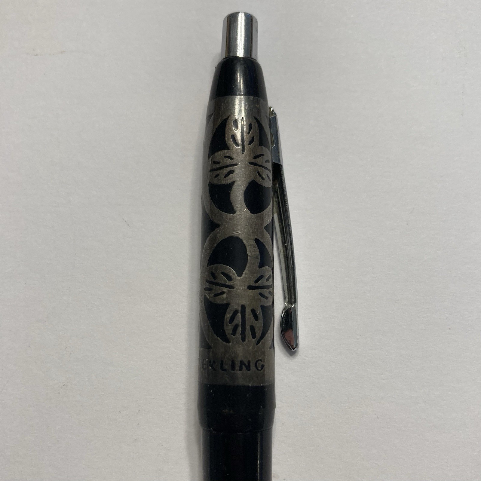 VINTAGE MORRISON STERLING SILVER FILIGREE OVERLAY BALLPOINT PEN BLACK CLOVER