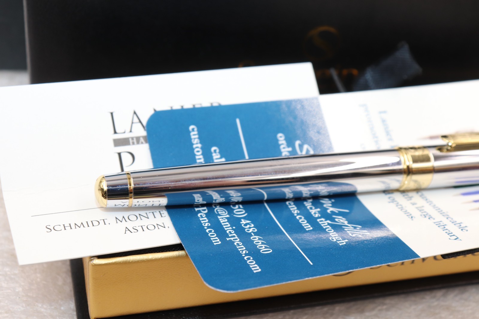 Scriveiner London Silver Gold Roller Ball Luxury Pen Gold Trim with Box