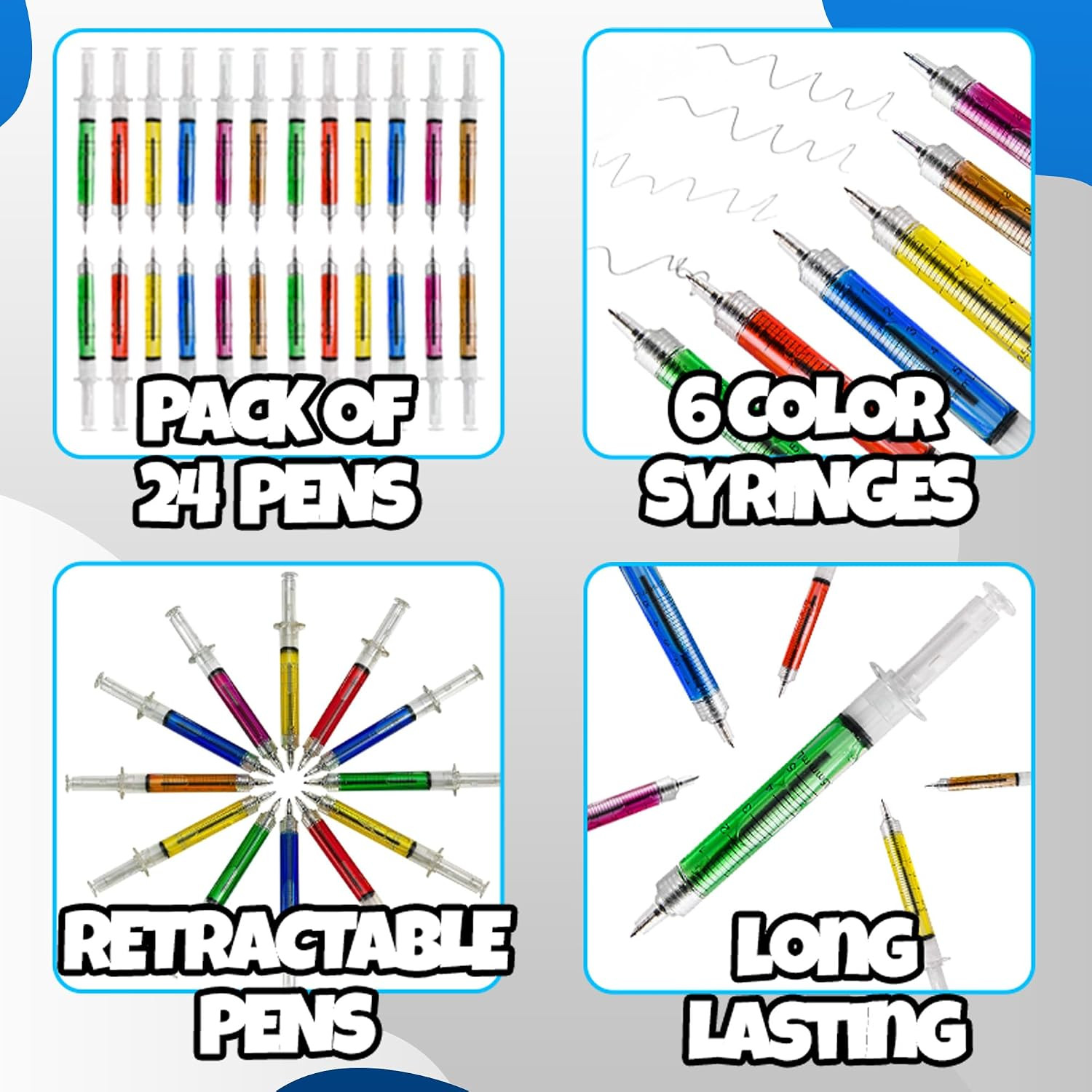 Syringe Pens – (Bulk Pack of 24) Retractable Fun Multi Color Novelty Pen for Nur