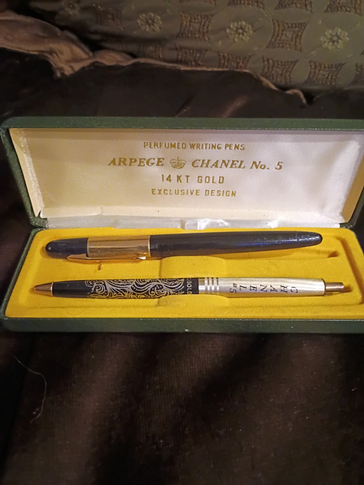 Arpege CHANEL No 5 Ballpoint Pen Set Vintage 14kt Gold Perfume Writing Pens